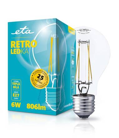 LED žárovka ETA RETRO LEDka klasik, 6W, E27, teplá bílá