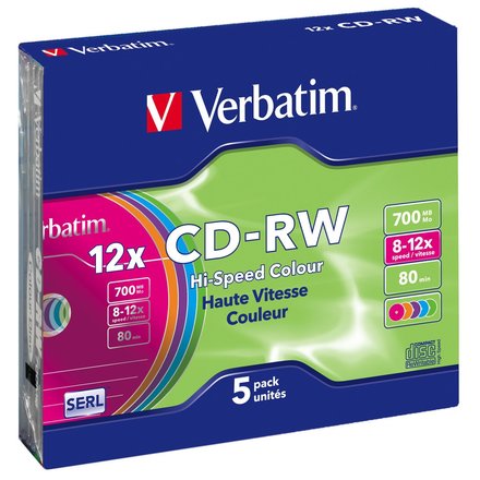CD disk Verbatim CD-RW(5-Pack)/ Slim/ Colours/12x/700MB (43167)