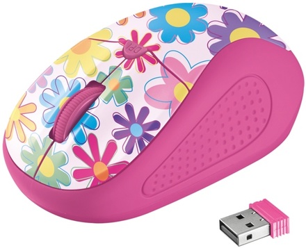 Bezdrátová počítačová myš Trust Primo Wireless / optická / 4 tlačítka / 1600dpi - pink flowers