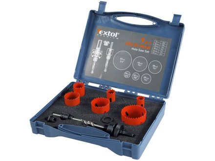 Vrtáky korunkové Extol Premium (8801602) instalatérská, sada 9ks, max. hloubka vrtu 38mm, použití: dřevo, plasty, sádrokarton, cihla, barevné a lehké