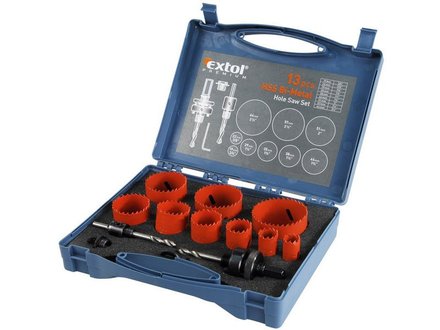 vrtáky korunkové Extol Premium (8801604) univerzální, sada 13ks, max. hloubka vrtu 38mm, použití: dřevo, plasty, sádrokarton, cihla, barevné a lehké