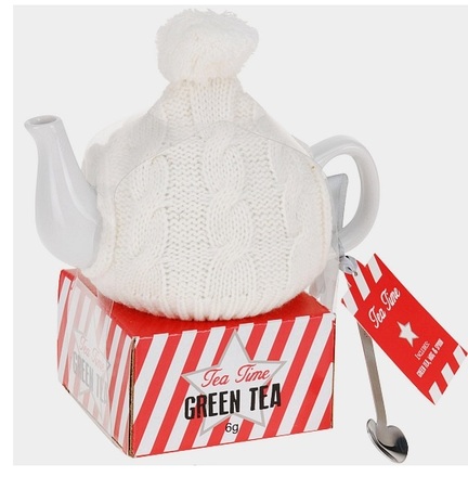 Konvice na čaj Excellent KO-907000820bila v pletené čepici s balíčkem čaje vánoční edice