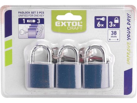 Zámky visací Extol Craft (93101) 38mm sjednocené na jeden klíč, sada 3 kusů, 6 klíčů (1)