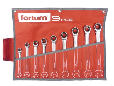 Klíče ráčnové očkoploché Fortum (4720104) klíče ráčnové očkoploché, sada 9ks, 8-10-12-13-14-16-17-18-19mm, CrV/S2