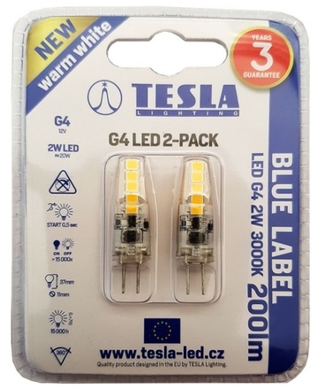 LED žárovka Tesla LED žárovka/ G4/ 2W/ 12V DC/ 200lm/ 3000K/ teplá bílá 2pack