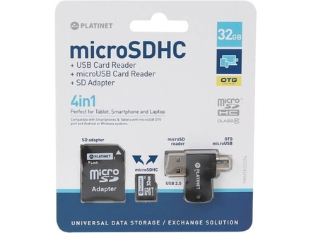 Paměťová karta Platinet 4-in-1 microSDHC 32GB + CARD READER + OTG + ADAPTER (42225)