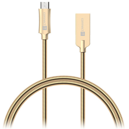 USB kabel Connect IT Wirez Steel Knight MicroUSB, 1m, ocelový, opletený - zlatý