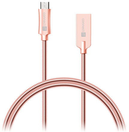 USB kabel Connect IT Wirez Steel Knight MicroUSB, 1m, ocelový, opletený - růžový/ zlatý