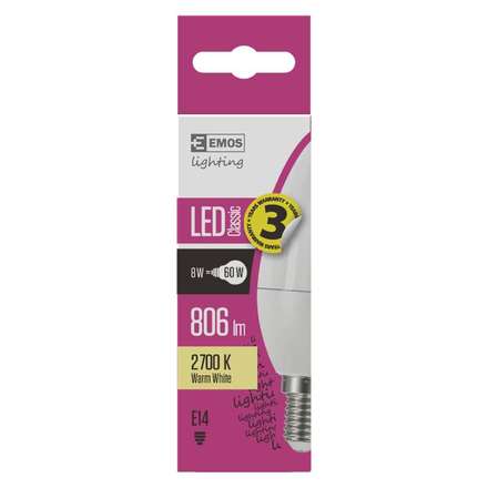 LED žárovka Emos ZQ3230 LED žárovka Classic Candle 8W E14 teplá bílá (1)