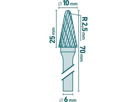 Fréza Extol Industrial (8703784) fréza karbidová, konická zakulacená (R 2,5mm), pr.10x25mm/stopka 6mm,sek střední(double-cut)