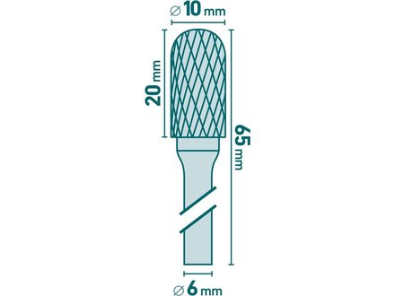 Fréza Extol Industrial (8703724) fréza karbidová, válcová s kulovým čelem, pr.10x20mm/stopka 6mm,sek střední(double-cut)