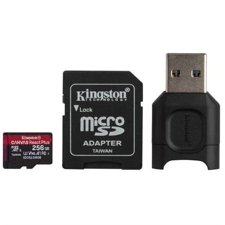 Paměťová karta Kingston Canvas React Plus MicroSDXC 256GB UHS-II U3 (285R/ 165W) + adaptér + čtečka