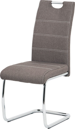 Moderní jídelní židle Autronic Jídelní židle, hnědá látka, bílé prošití, kov chrom (HC-482 COF2)