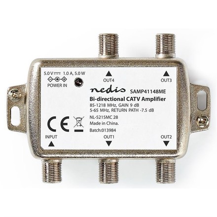 Zesilovač Nedis CATV, Max. zesílení 12 dB, 85-1218 MHz, 4 výstupy, zpětný kanál - 7, 5 dB, 5-65 MHz, konektor F