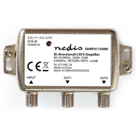 Zesilovač Nedis CATV, Max. zesílení 9 dB, 85-1218 MHz, 2 výstupy, zpětný kanál - 4, 5 dB, 5-65 MHz, konektor F