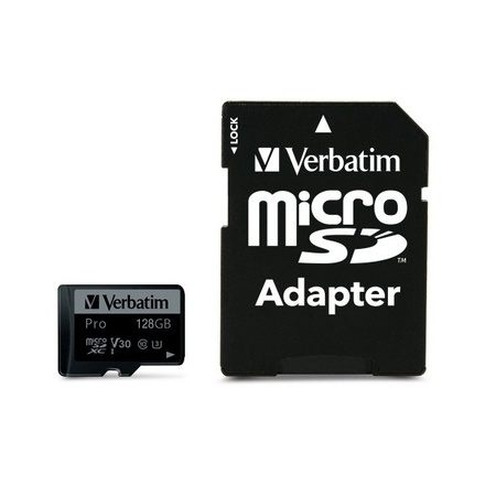 Paměťová karta Verbatim Pro microSDXC 128GB UHS-I V30 U3 (90R/ 45W) + SD adaptér