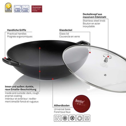 Wok pánev s poklicí Kela KL-12475 litinový CALIDO 36 cm černá (4)