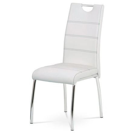 Moderní jídelní židle Autronic Jídelní židle, potah bílá ekokůže, černé prošití, kovová čtyřnohá chromovaná pod (HC-484 WT)