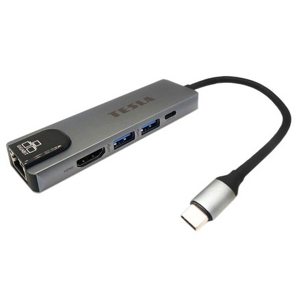 USB Hub Tesla Device MP80 5v1, USB-C/ 2x USB 3.0, USB-C, RJ45, HDMI - stříbrný