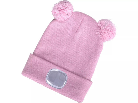 Čepice s LED světlem Extol Light 43458 čepice s čelovkou 4x25lm, USB nabíjení, růžová se třpytkou a bambulemi, dětská (4)