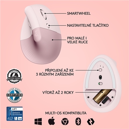 Počítačová myš Logitech Lift Vertical Ergonomic / optická/ 6 tlačítek/ 4000DPI - růžová (3)