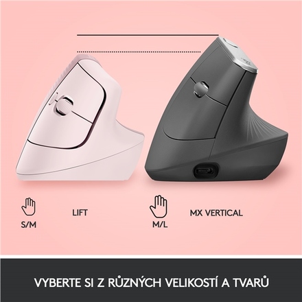 Počítačová myš Logitech Lift Vertical Ergonomic / optická/ 6 tlačítek/ 4000DPI - růžová (5)