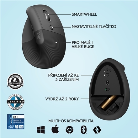 Počítačová myš Logitech Lift Vertical Ergonomic / optická/ 6 tlačítek/ 4000DPI - šedá (6)