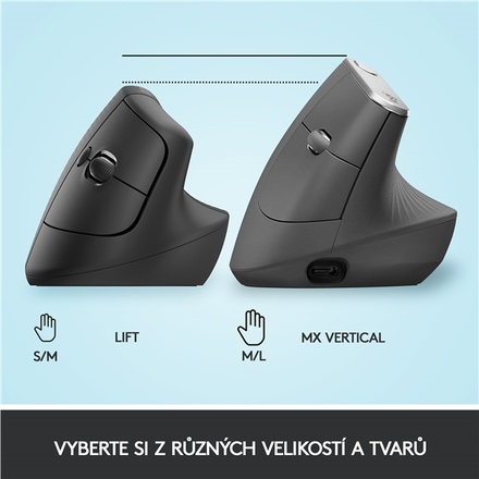 Počítačová myš Logitech Lift Vertical Ergonomic / optická/ 6 tlačítek/ 4000DPI - šedá (8)