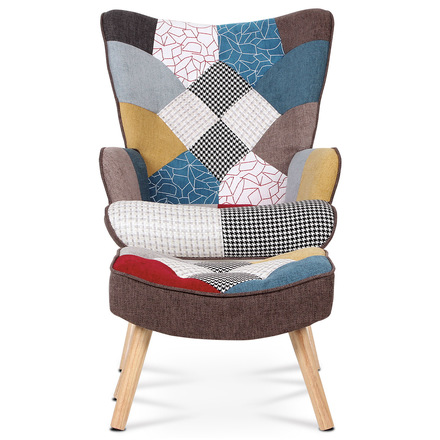 Křeslo Autronic Křeslo ušák s podnožkou, potah patchwork látka, nohy masiv kaučukovník (AK-305 PW2) (1)