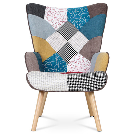 Křeslo Autronic Křeslo ušák s podnožkou, potah patchwork látka, nohy masiv kaučukovník (AK-305 PW2) (2)