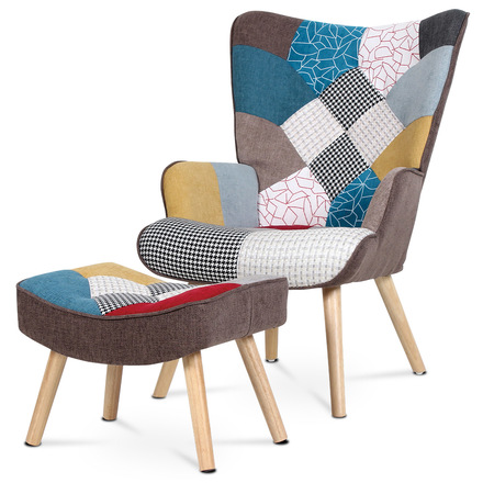 Křeslo Autronic Křeslo ušák s podnožkou, potah patchwork látka, nohy masiv kaučukovník (AK-305 PW2) (3)