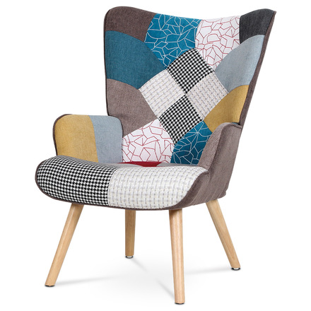 Křeslo Autronic Křeslo ušák s podnožkou, potah patchwork látka, nohy masiv kaučukovník (AK-305 PW2) (4)
