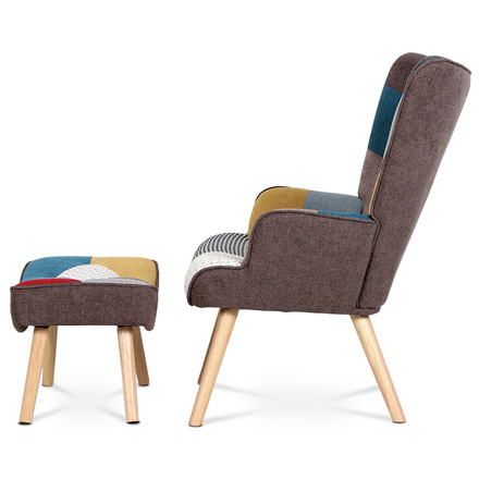 Křeslo Autronic Křeslo ušák s podnožkou, potah patchwork látka, nohy masiv kaučukovník (AK-305 PW2) (5)
