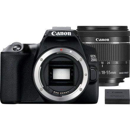 Kompaktní fotoaparát s vyměnitelným objektivem Canon EOS 250D + 18-55 IS STM + baterie navíc, černá