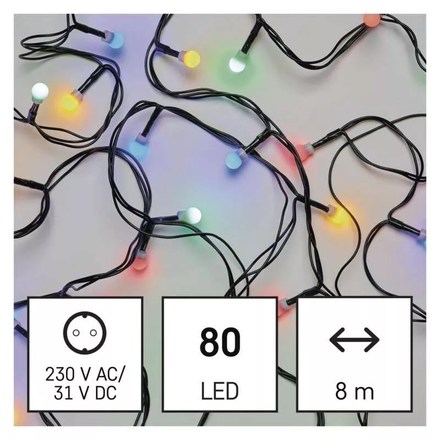 Vánoční řetěz Emos D5AM02 LED vánoční cherry řetěz – kuličky, 8 m, venkovní i vnitřní, multicolor, časovač