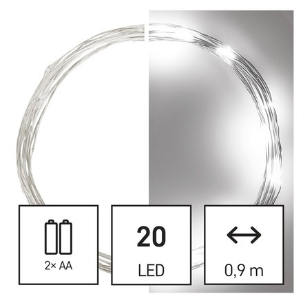Vánoční řetěz Emos D3AC07 LED vánoční nano řetěz, 1,9 m, 2x AA, vnitřní, studená bílá, časovač