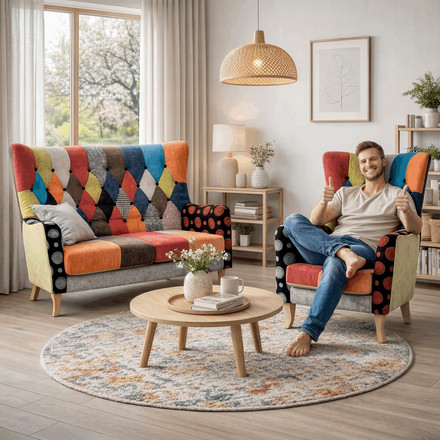 Sedačka Autronic Dvojsedačka, látka patchwork, masiv přírodní kaučukovník (AK-100 PW2) (1)