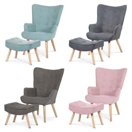 Křeslo Autronic Křeslo ušák s podnožkou, potah světle modrá látka, dřevěné nohy, masiv kaučuko (AK-302 BLUE2) (11)