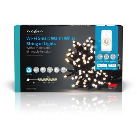 Vánoční osvětlení Nedis SmartLife LED, Wi-Fi, Teplá bílá, 100 LED, 10 m, Android / IOS