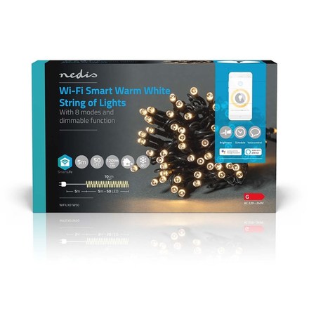 Vánoční osvětlení Nedis SmartLife LED, Wi-Fi, Teplá bílá, 50 LED, 5 m, Android / IOS