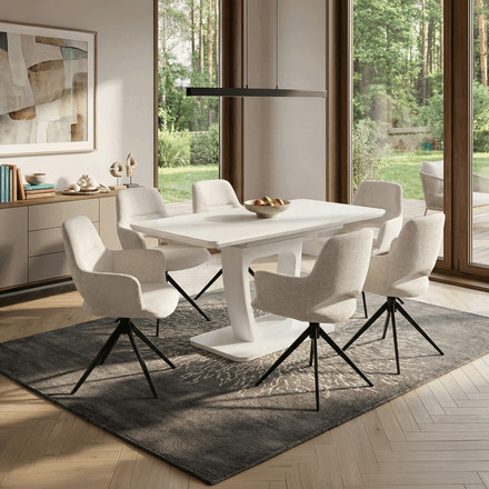 Moderní jídelní stůl Autronic Jídelní stůl 110+40x75 cm, bílá 4 mm skleněná deska, MDF, biely matný lak (HT-430 WT) (1)