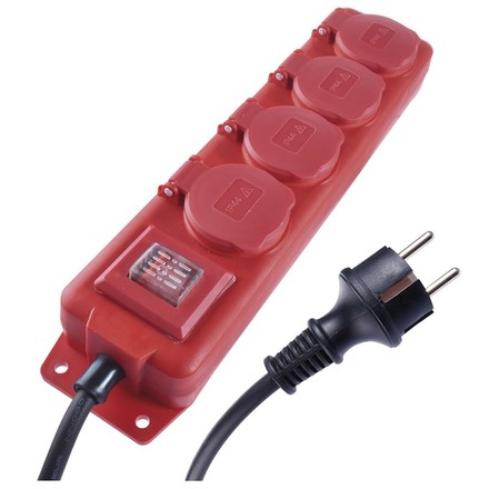 Prodlužovací kabel Emos P14151 Prodlužovací kabel 5 m / 4 zásuvky / s vypínačem / černo-červený / guma-neopren / 1,5 mm2