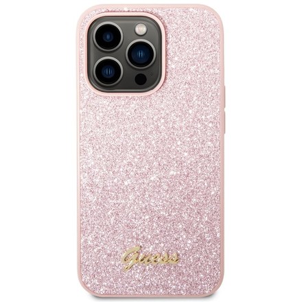 Kryt na mobil Guess Glitter Flakes Metal Logo na Apple iPhone 14 Pro - růžový