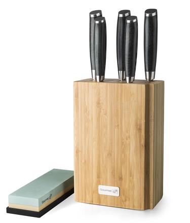 Kuchyňské nože G21 Damascus v bambusovém bloku 5 ks + brusný kámen