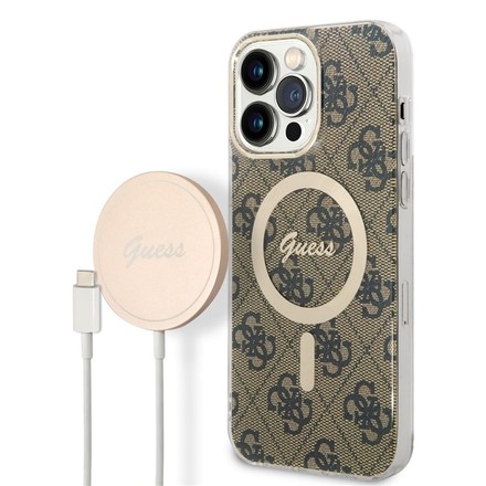Kryt na mobil Guess 4G MagSafe na Apple iPhone 14 Pro Max + bezdrátová nabíječka - hnědý