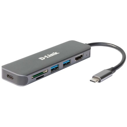 USB Hub D-Link 6v1 z USB-C na HDMI se čtečkou SD/ microSD karet a funkcí Power Delivery - šedý