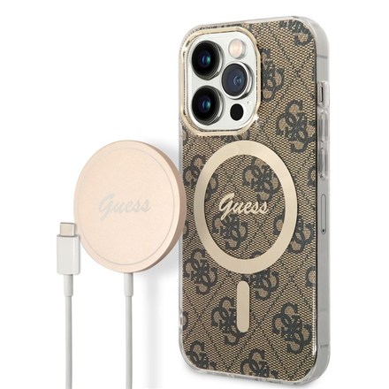 Kryt na mobil Guess 4G MagSafe na Apple iPhone 14 Pro + bezdrátová nabíječka - hnědý