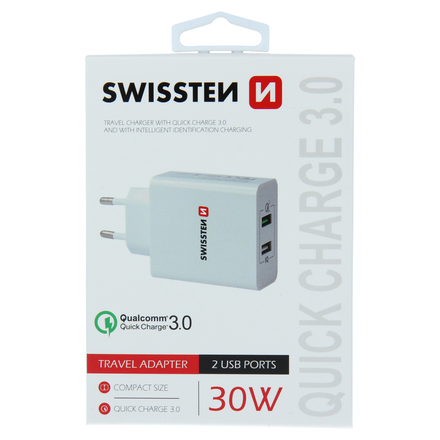 Nabíječka do sítě Swissten Quick Charge 2xUSB adaptér 230V/2,4A bílá