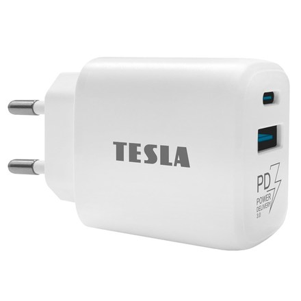 Nabíječka do sítě Tesla Power Charger T220, 1×USB, 1× USB-C 25 W PD 3.0 - bílá
