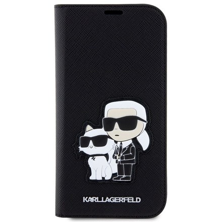 Pouzdro na mobil flipové Karl Lagerfeld PU Saffiano Karl and Choupette NFT na Apple iPhone 13 - černé